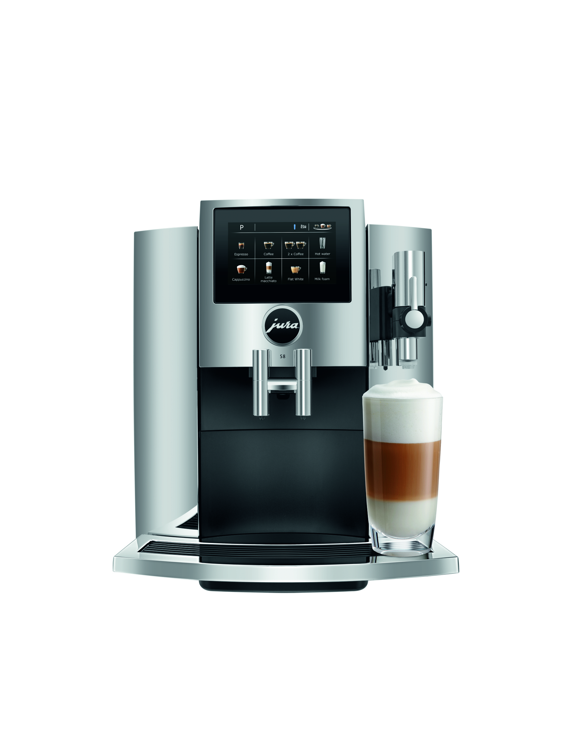 S8 från Jura erbjuder storslagen prestanda i ett kompakt utförande. Den exklusiva kaffemaskinen förenar det bästa från kompaktklassen, med element från premiumsegmentet, och har till och med en touch av det riktigt exklusiva från det professionella sortimentet. S8 är en exklusiv kaffemaskin för dig som verkligen vill en lyxig och kompakt produkt.
